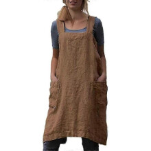 (Khaki, L) Avental Cruzado para Mulheres com Bolsos, Vestido Pinafore de Algodão e Linho para Cozinha e Jardim