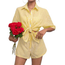 Dames Casual Gestreepte Broek met Kraag en Korte Mouwen, Tweedelig Loungewear Zomeroutfit Geel Pak S