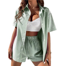 Dames Casual Gestreepte Broek met Kraag en Korte Mouwen, Tweedelig Loungewear Zomeroutfit Groen Pak M