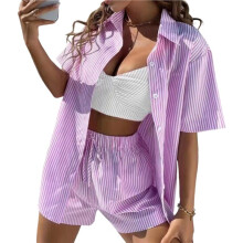Dames Casual Gestreepte Broek met Kraag en Korte Mouwen, Tweedelig Loungewear Zomeroutfit Paars Pak S