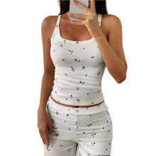 Dames Tweedelige Outfit: Bloemenprint Geribbelde Tanktop, Wijde Broek en Loungewear Pyjamaset Wit XL