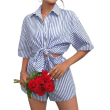 Dames Casual Gestreepte Broek met Kraag en Korte Mouwen, Tweedelig Loungewear Zomeroutfit Blauw Pak M