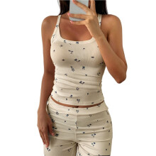 Dames Tweedelige Outfit: Bloemenprint Geribbelde Tanktop, Wijde Broek en Loungewear Pyjamaset Abrikooskleur XL