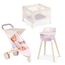 LullaBaby - 14-inch Realistic Baby Doll - Fair Skin Tone & Blue Eyes - Doll Playpen, High Chair & Jogger Stroller Set - Pretend Play - Toys For Kids A