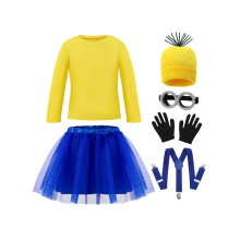 Disfraz Halloween Niña Camiseta Amarilla y Tutú, Accesorios con Sombrero, Guantes, Tirantes y Gafas