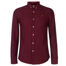 (L, Burgundy) Farah Mens Vintage Oxford Long-Sleeved Button-Down Shirt