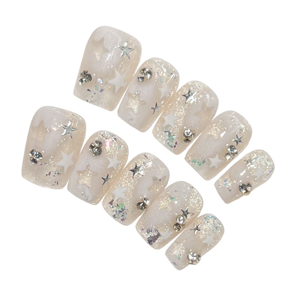 Bright-Home (Xs) 10Pcs Nude Square Fake Nails With Star Print Natural Unbreakable Nail Simple Wear For Girlfriend Wife Women And Girl