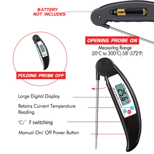 (Black) Foldable Digital Kitchen Thermometer for BBQ, Cooking, and Meat - Accurate Temperature Gauge with Programmable Fork Probe 2