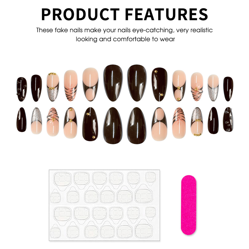 Dcph-Clothing 24Pcs Rhinestone Almond False Nails For Wedding & Party