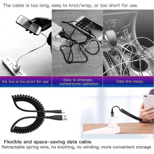 2pces USB to Type-C 1.5m Spring Telescopic Mobile Phone Fast Charging Data Cable 2