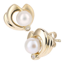 Jewelco London 9ct Yellow Gold Round 2pts Diamond Round Pearl 5mm Heart Heart Stud Earrings - PE0AXL4010YPRL