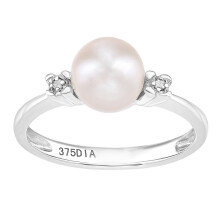 (O) Jewelco London 9ct White Gold Round 1pts Diamond Round Pearl 7mm Full Moon Accented Dress Ring - PR1AXL2581WPRL