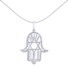 Jewelco London Solid Rhodium Plated Sterling Silver Hamsa 5 Hand Magen David Star Diamond-cut Charm Pendant - 8-64-2761