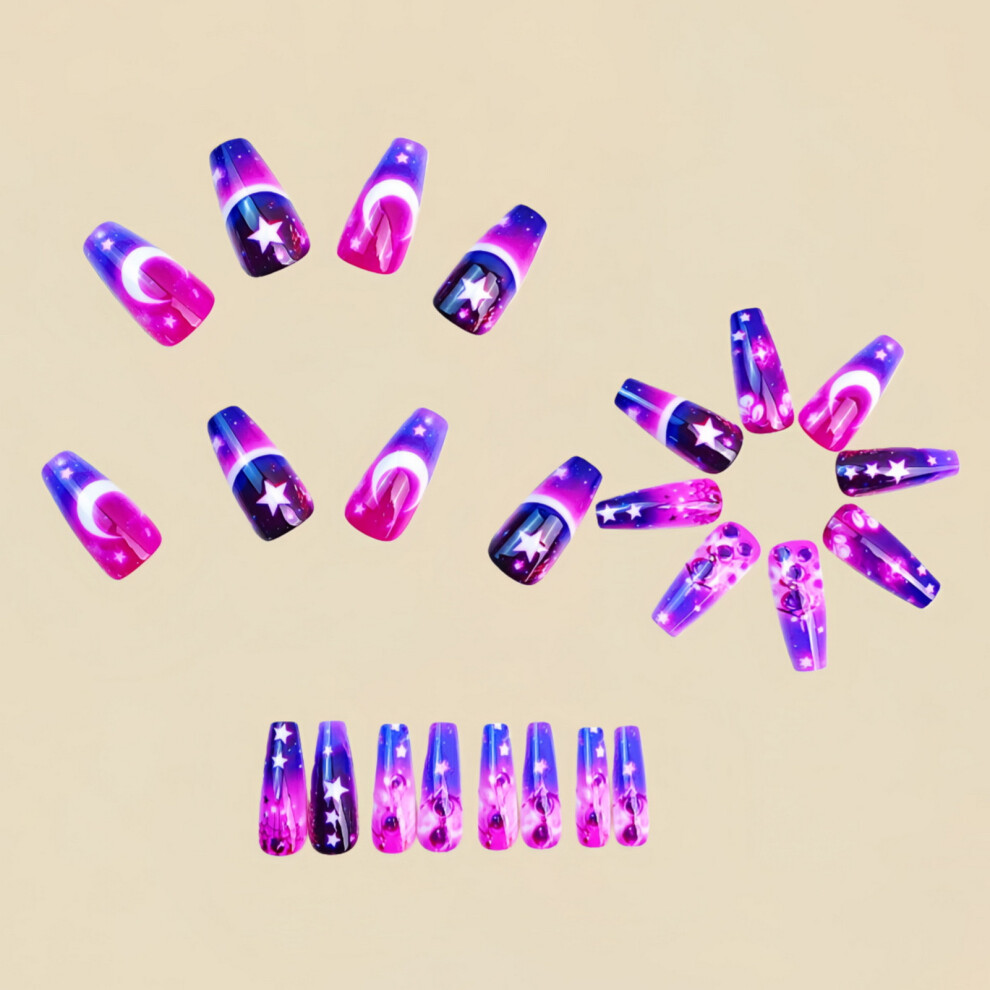 Dcph-Clothing 24Pcs Moon Star Fake Nails, Stylish Mid-Length Abs