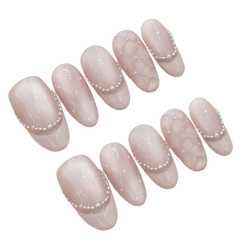 Zhouq-Outdoors (Medium Oval, Xs) French Pearl Press On Nails W/ Bowknot