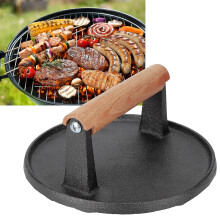 (Round) Prensador de Bife em Ferro Fundido com Cabo de Madeira para Churrasco
