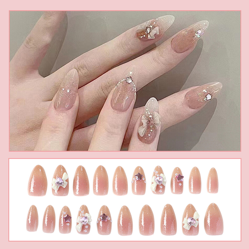Zhouq-Outdoors 30Pcs Glossy Almond False Nails With Bowknot & Pearl Decor