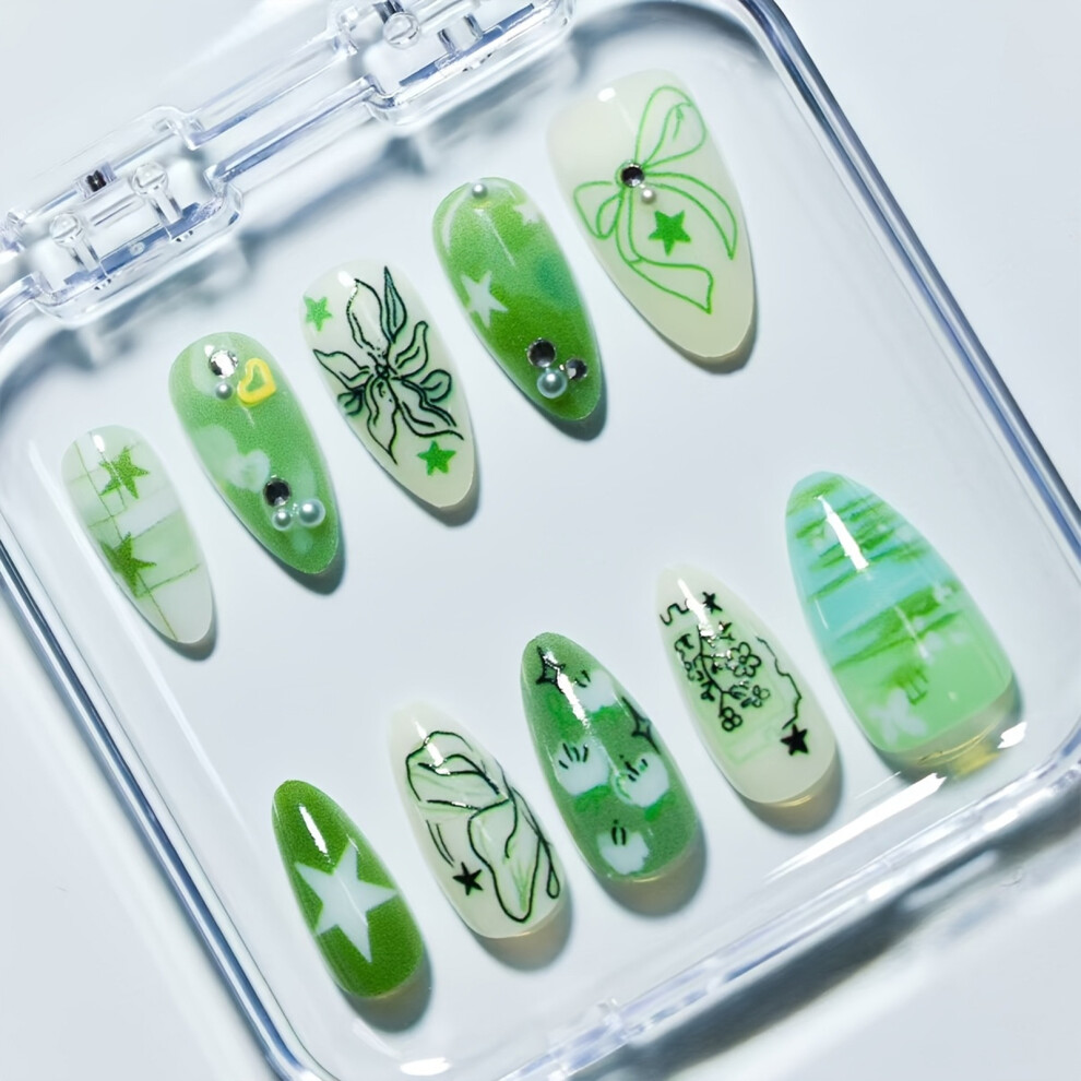 Bright-Home (Xs) Green White Fake Nails With Flower Print Chip-Proof Smudge-Proof Fake Nails For Women And Girl Nail Salon
