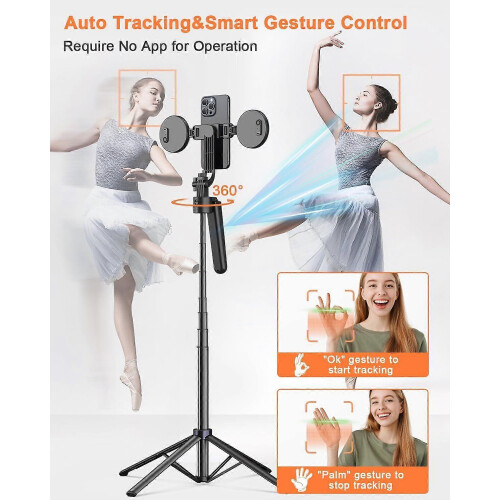 Tripé automático de 71 polegadas com seguimento facial, suporte para telemóvel com rotação de 360 graus e luz, compatíve 1