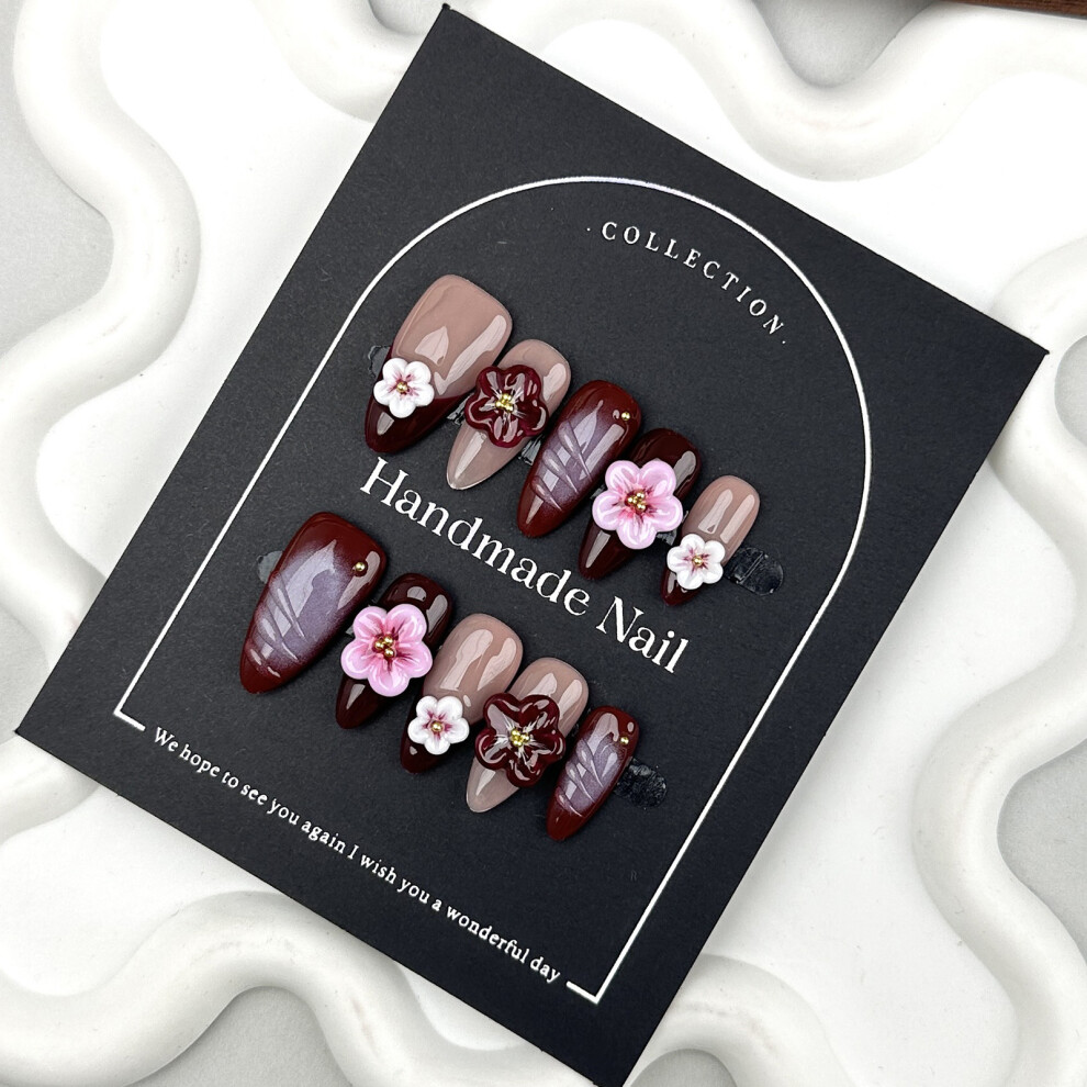 Zhouq-Outdoors (Xs) Flower Glossy Almond Fake Nails - Durable Salon Supply