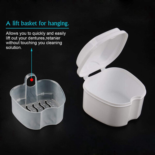 2Pcs Denture Case, Denture Cup with Strainer, Denture Bath Box False Teeth Storage Box - Dark  & White