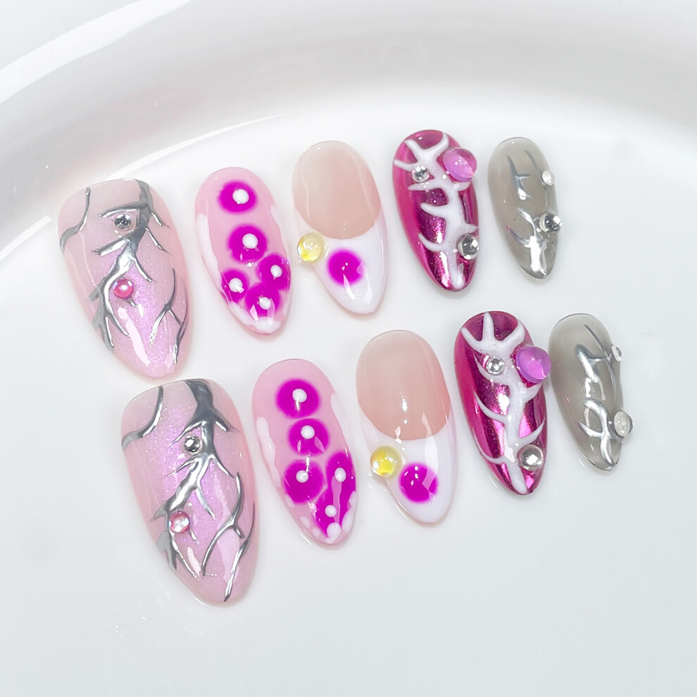 Roc-Electron (Xs) Smudge Design Fake Nails - Pink Silver, Unbreakable