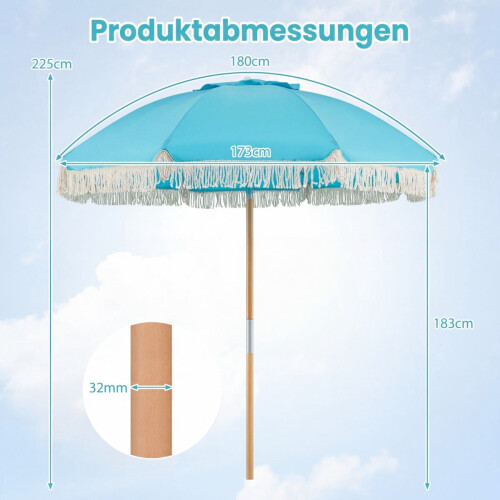 Boho-Gartenschirm, 170 cm, Blau, Neigungsverstellbar