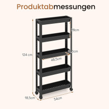 Schmaler, 5-stöckiger Rollwagen mit Griffen, schwarz, 18,5 cm breit