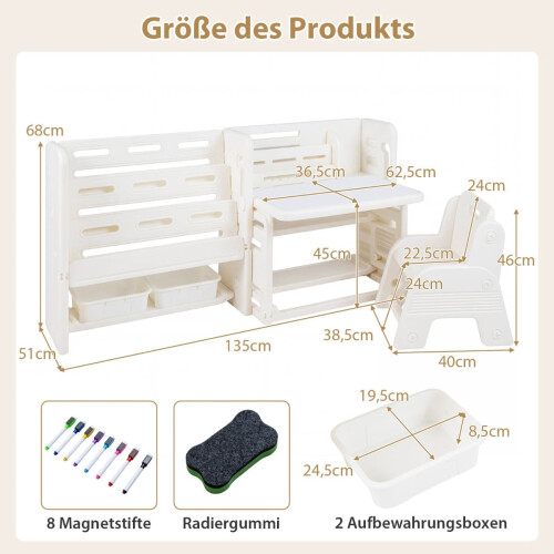 Kinderschreibtisch-Set mit Bücherregalen und Whiteboard
