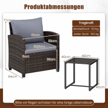 Balkongarnitur aus Rattan mit Kissen und Glastisch, 3-teilige Gartenmöbel