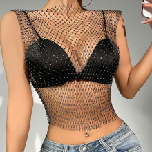 (Black round collar, XS) Sexy Rhinestone Mesh Vest for Women
