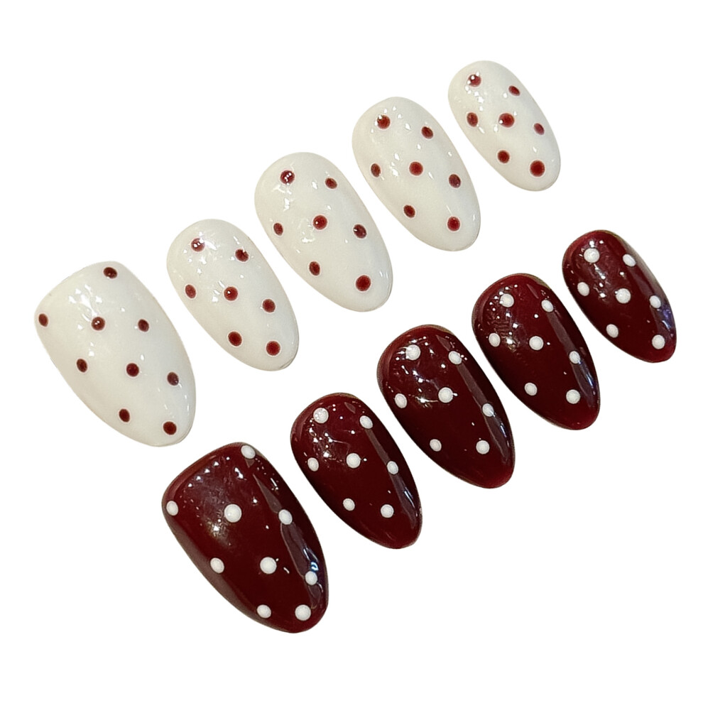 Dachuang Beauty (Xs) 10Pcs Short Almond Fake Nails Red White Polka-Dots