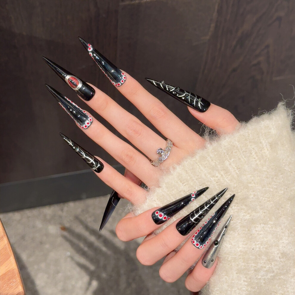 Hue-Grain (Xs) Stage-Perform Fake Nails - Black Long & Durable