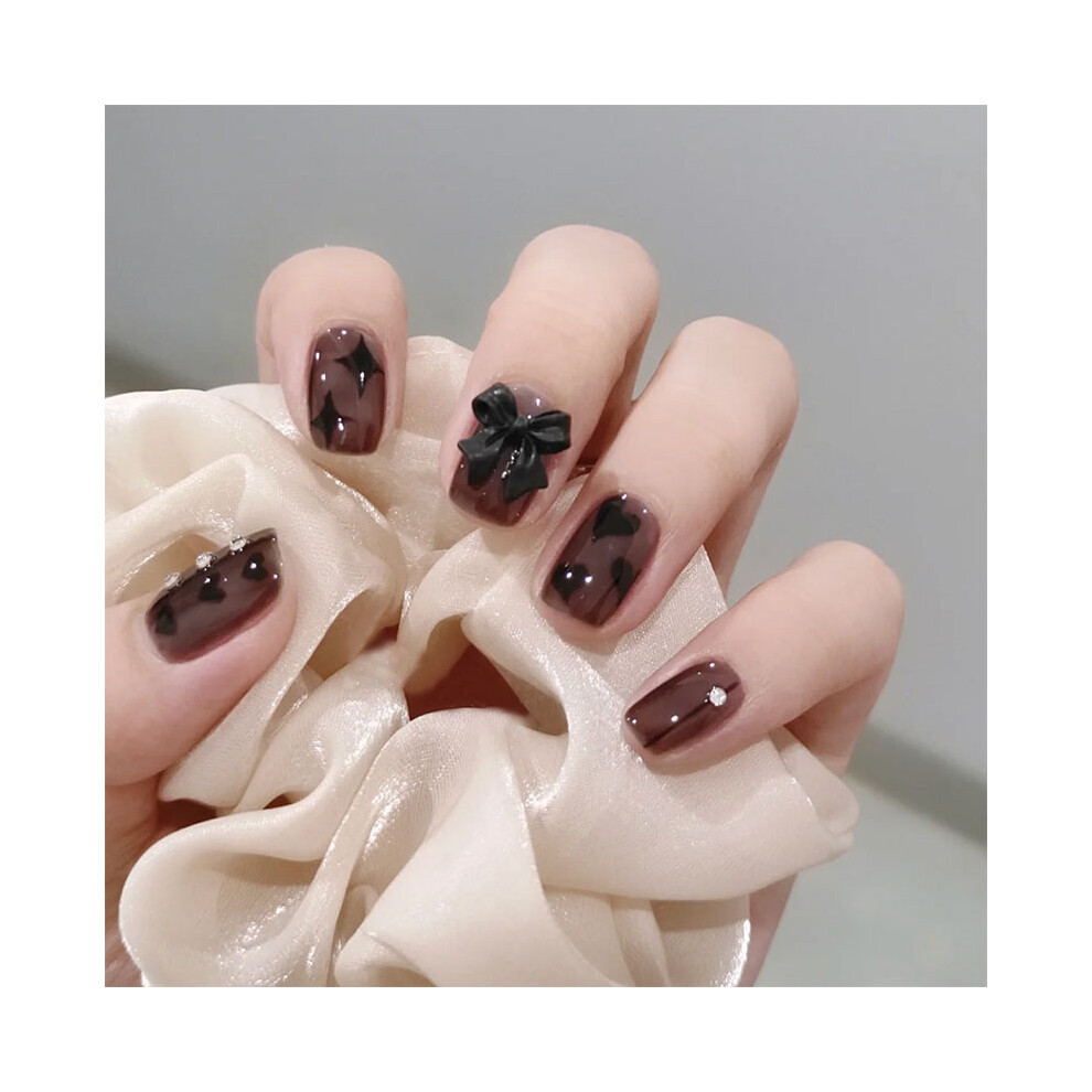 Hue-Grain Heart Bow Fake Nails - 24 Glue-On Stickers