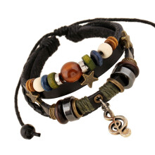 (Black) Vintage Music Note Charm Bracelet, PU Leather Beads