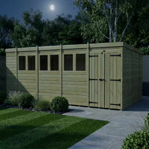 18 x 10 Pent Shed Tanalised (Double Door, With Windows) 2