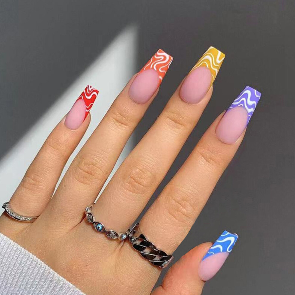 Dcph-Clothing 24Pcs Rainbow Wave False Nails