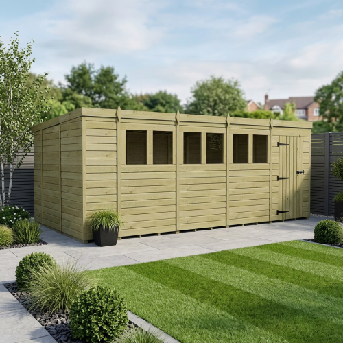 18 x 10 Pent Shed Tanalised (Single Door, With Windows)
