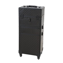 Black Rolling Makeup Case, 3-in-1 Aluminum Cosmetic Trolley w/ Flip Trays & Lock Latches, Large Storage Makeup Artist Travel Organizer Box