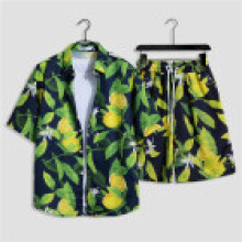 (Style G,L)Camicia e pantaloncino hawaiano estivo combinato con tessuto poliestere look casual estate