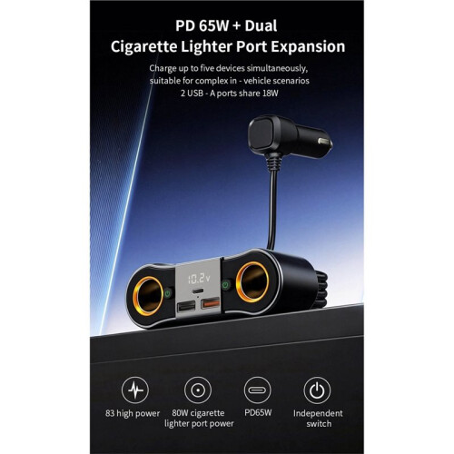 PD65W Car Cigarette Lighter Socket Splitter Plug LED Dual USB Phone Fast Charger Adapter Car Cigarette Lighter Cable 2