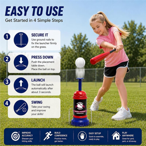 Kids Baseball Launcher Toy Set, Backyard Fun, No Pitch Needed, Beginner Batting Practice Toy 1