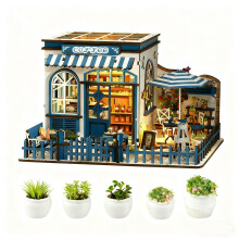 DIY Miniature Café Dollhouse Kit with LED Lights, Coffee Shop Mini House Building Kit with Furniture Accessories, Wooden Craft Model for Adults Teens