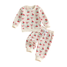 (3-6 Months, Beige) Toddler Baby Girl Winter Fall Outfits, Cherry Bow Sweatshirt with Pants Set
