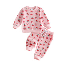(12-18 Months, Pink) Toddler Baby Girl Winter Fall Outfits, Cherry Bow Sweatshirt with Pants Set