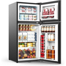 WELLENT 127L Fridge with Freezer Double Door LED Light 7 Stage Thermostat 4 Glass Shelves 43dB Ultra Quiet Energy Efficient for Office and Bedroom