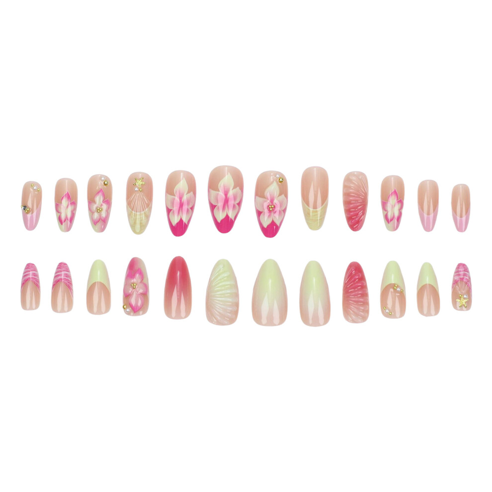 Reach-Tools 24Pcs Pink Flower Press On Nails Almond Gel Nail Art