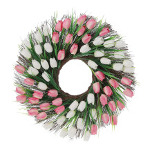 Ghirlanda stagionale di tulipani artigianali in seta con venature trasparenti e foglie delicate, perfetta per decorazioni fai da te. Grande.