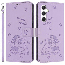 Leather Wallet Case with Cat Print and Strap for Samsung Galaxy A55 5G