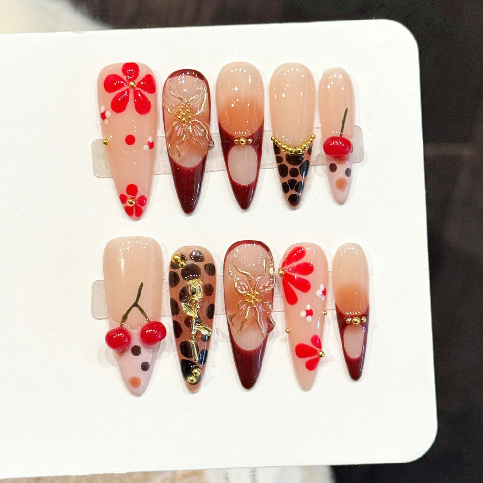 Phui-Pet-Supplies (Xs) Cherry Leopard Fake Nails - 10Pcs Long Pointed